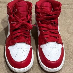 Red and White Air Jordan Retro 1 Silver Medal High-Top Sneakers